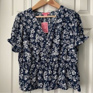 Coco & Shay Navy Blue White Floral  Short Sleeve Elastic Waist Women’s Sz 2x NWT